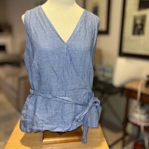 Ann Taylor Size 12 Blue Linen Blend Sleeveless V-Neck Wrap Tie Blouse Top